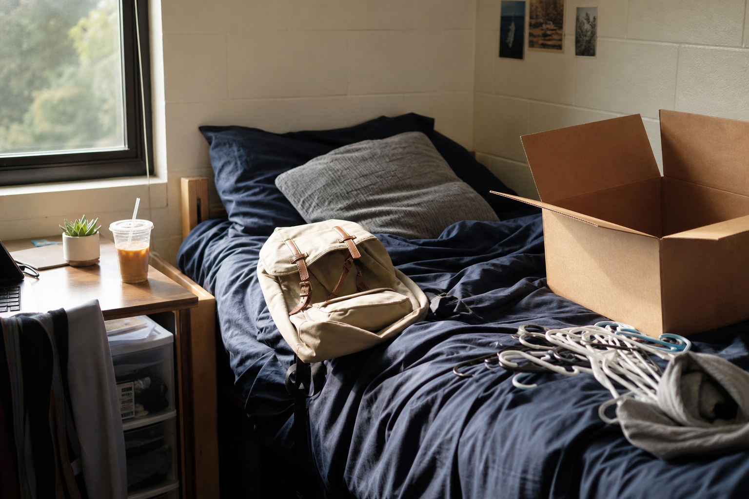 Cartable, café glacé et carton de rentrée sur un lit de dortoir.