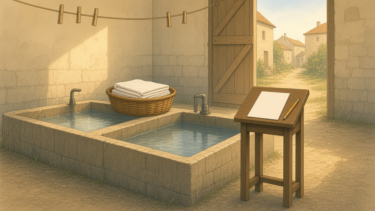 Lavoir communal vide, bassins de pierre, carnet ouvert sur un pupitre, crayon, bassine de draps, fil à linge.