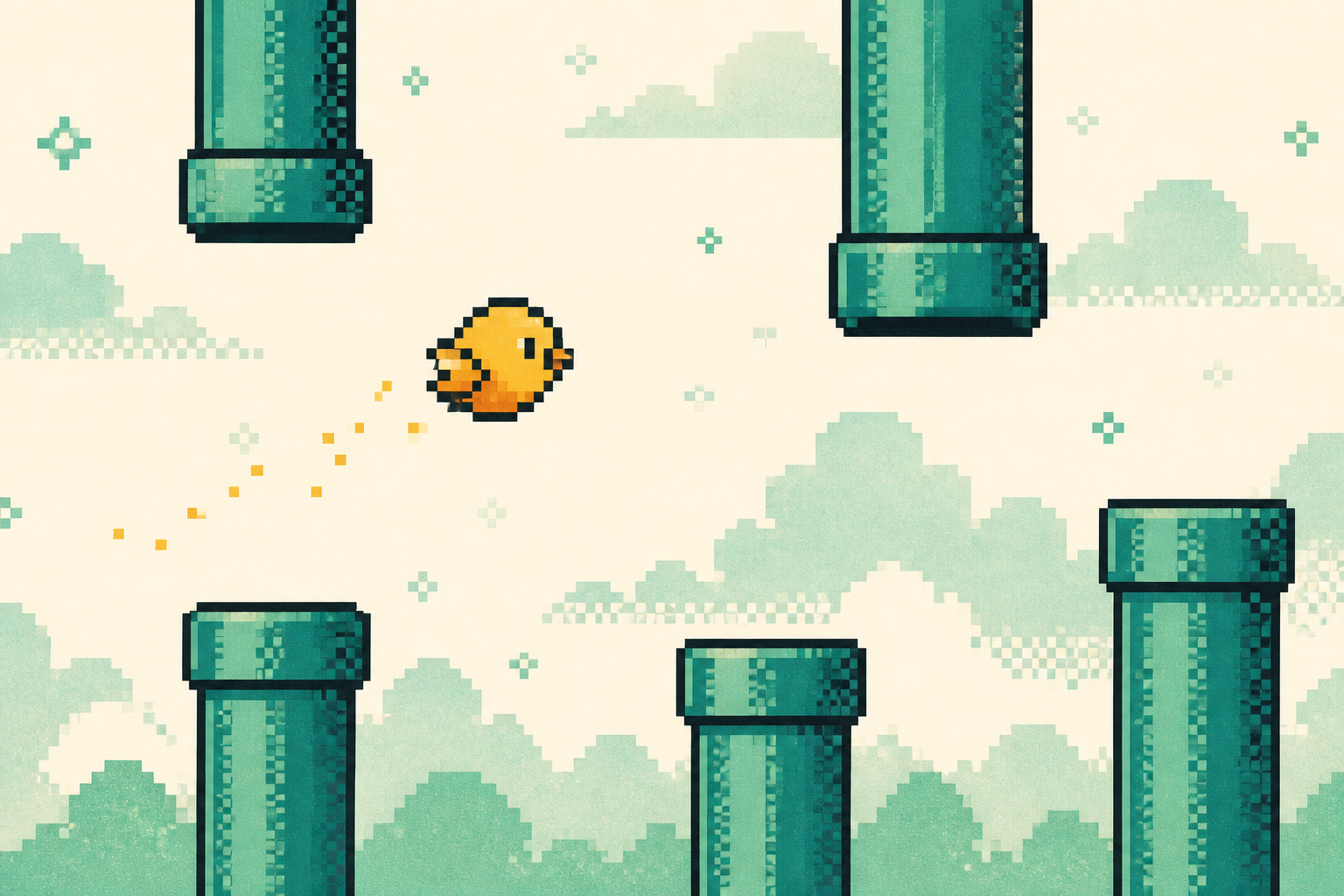 Illustration rétro d’un petit oiseau pixel entre des colonnes.