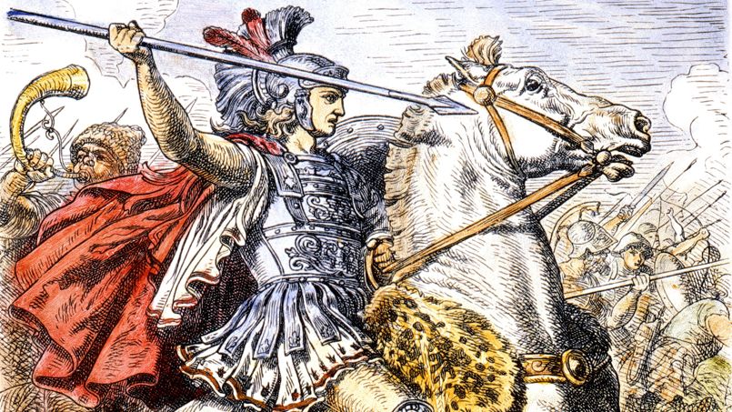 Alexandre le Grand (356-326 avJC) roi de Macedoine en 336-323 avJC, ici chevauchant son cheval favori Bucephale (de race Frison) , gravure allemande du 19e siecle --- Alexander the Great (356-326 BC) king of Macedonia in 336-323 BC, here riding his favourite horse, Bucephalus, 19th century german wood engraving